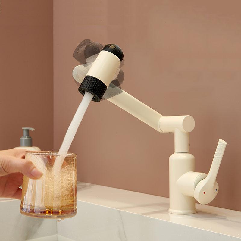 White Universal Rotating Bathroom Basin Faucet Mechanical Arm Washstand Single Hole Single Handle Hot and Cold Water Mixer Tap