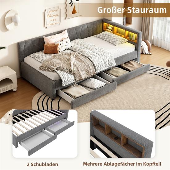 Upholstered Bed Extendable Sofa Bed 90x200cm with Slatted Frame, Multifunctional Bed Made of Skin-Friendly Velvet Fabric