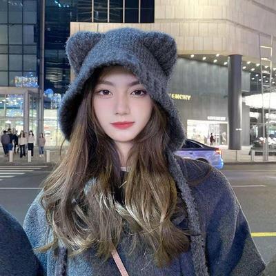 Novo outono e inverno bonito urso chapéu térmico menina mostrar rosto pequeno protetor de orelha chapéu de lã japonês e coreano laço versátil chapéu de malha