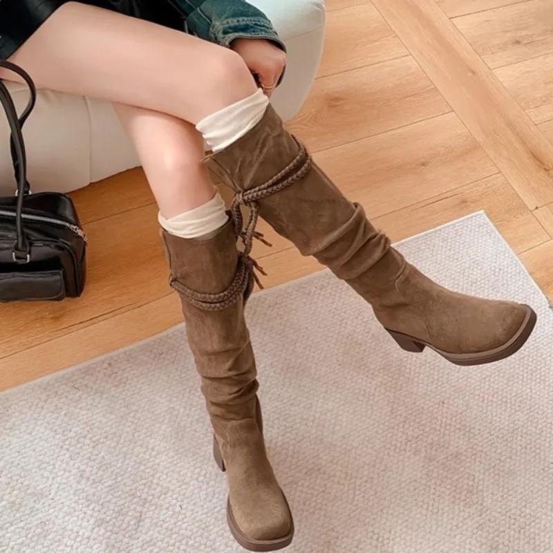 Fashion Spring/autumn Tassel Ethnic Modern Boots Mid-calf Square Heel Ladies Shoes on Sale 2025 Fashion Mid Heel Round Toe Boots