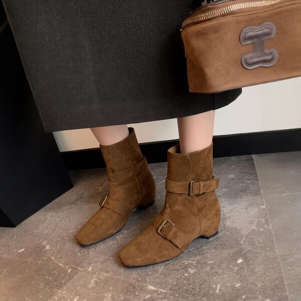 Inner height increase~ retro suede small square head short boots for women, new comfortable and versatile thin boots for women in autumn and winter