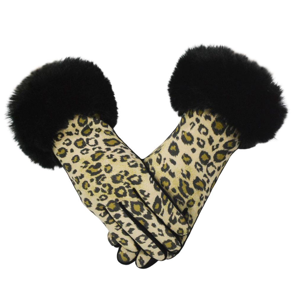 Leopard Print Plush Touchscreen Winter Gloves for Women - Velvet Lined