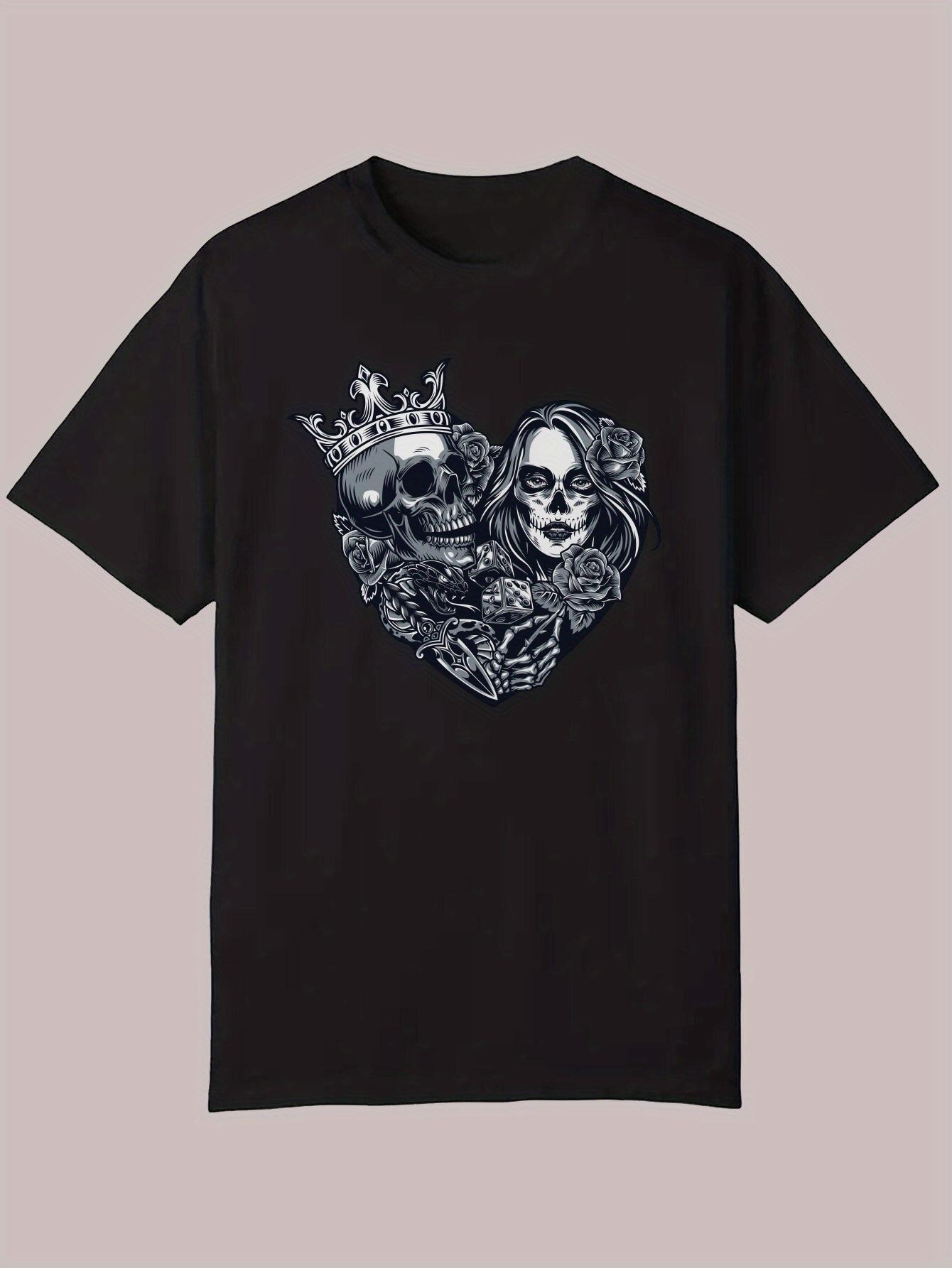 

Summer Casual Short Sleeve T-shirt - Black Skull & Floral Heart Graphic Print XXL