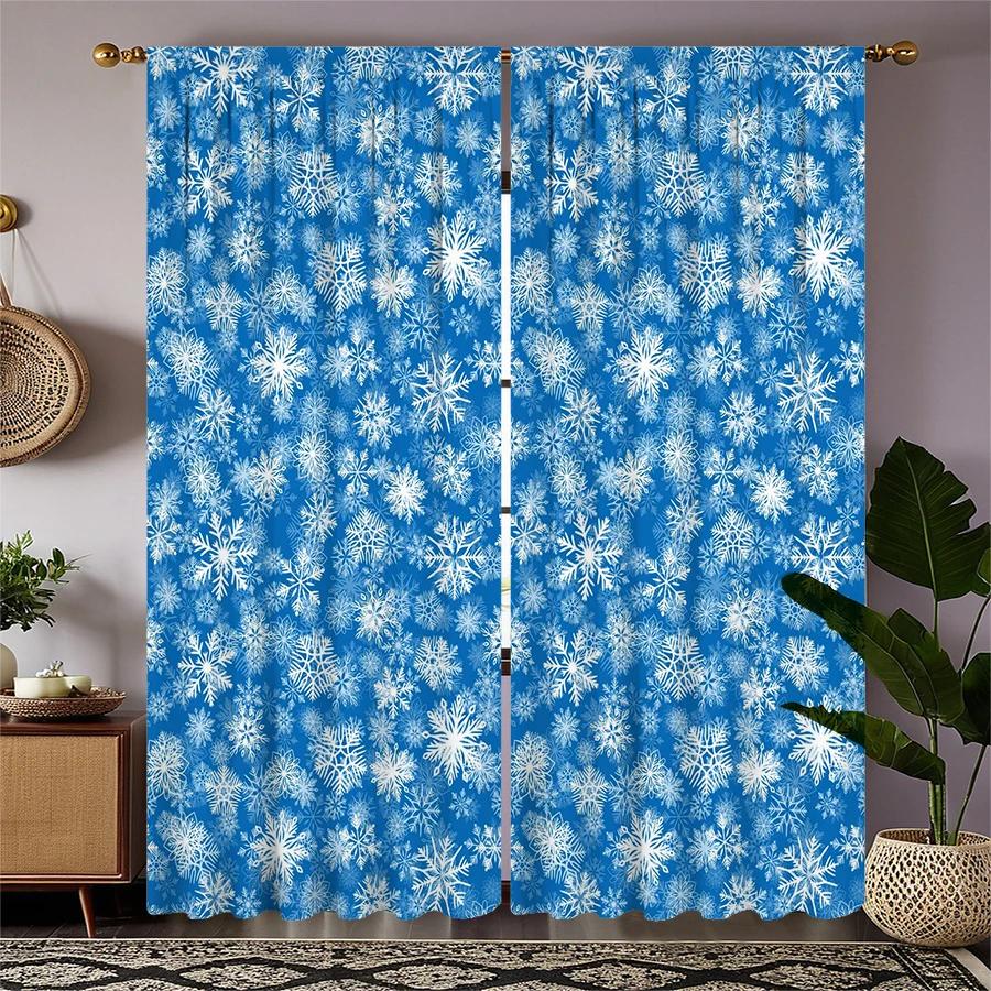 Christmas Snowflake Printed Curtains Pole Bag Decorations Home Room Set Of 2 Made Polyester