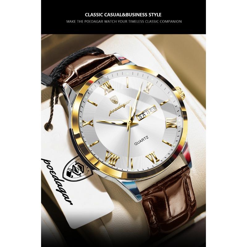 POEDAGAR Luxury Fashion Watch for Man Leather Date Week Casual Quartz Clock Waterproof Luminous Business Watches Reloj