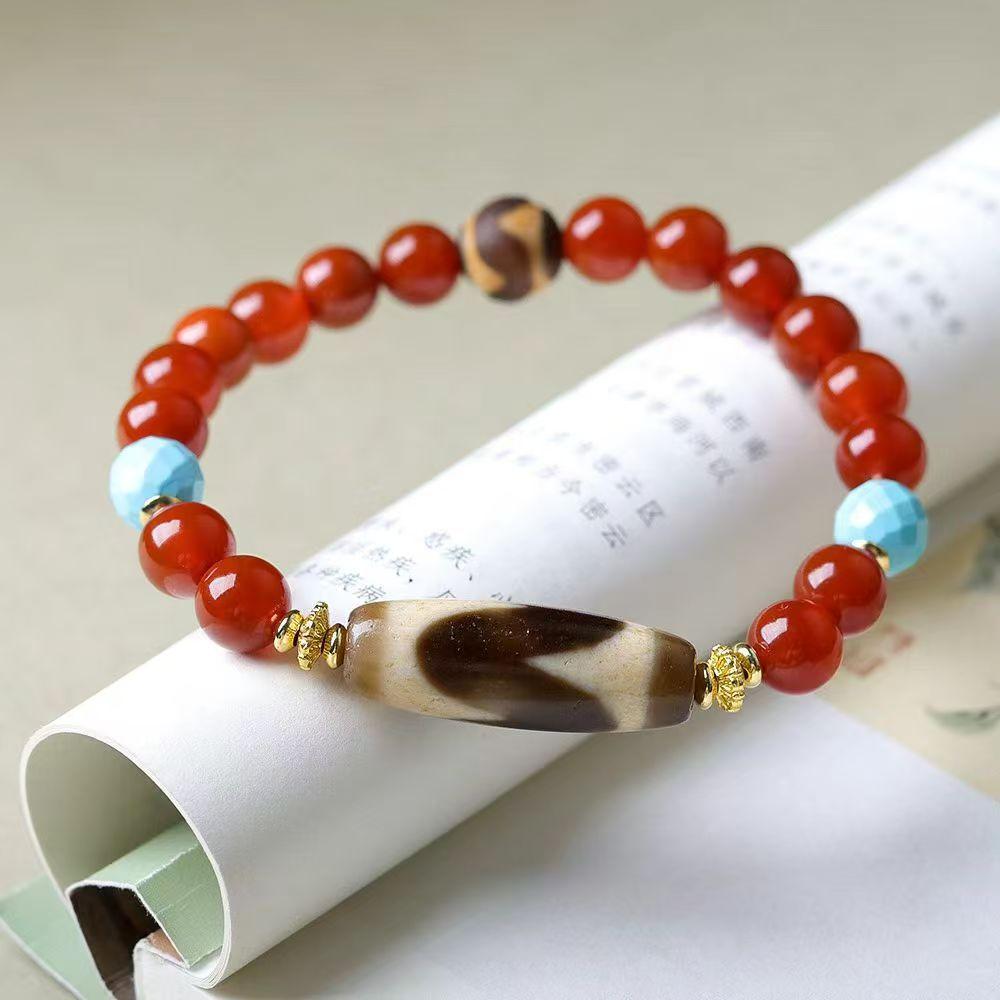 Synthetic Southern Red Agate Dzi Bead Bracelet, Red, Enhances Skin Tone and Elegance, New Chinese Ethnic Style Hand Jewelry for Women