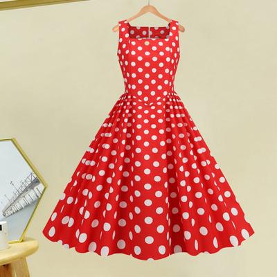 Women Dress Retro A-line Big Swing Tight High Waist Sleeveless Square Neck Dot Print Back Zipper