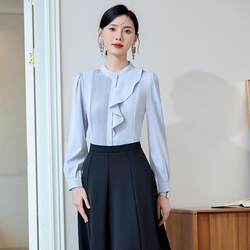 2024 Elegant White Chiffon Blouse - Women's Slimming Long Sleeve Shirt for Spring & Autumn