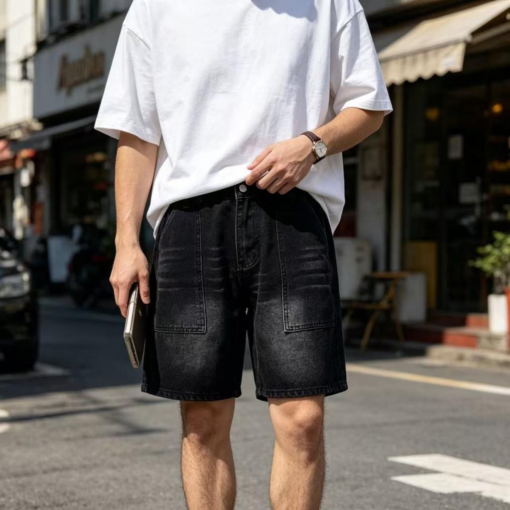 Men Denim Shorts Relaxed Fit Elastic Waistband Casual Style with Multiple Pockets Durable Stitching Versatile Design for Everyday Wear
