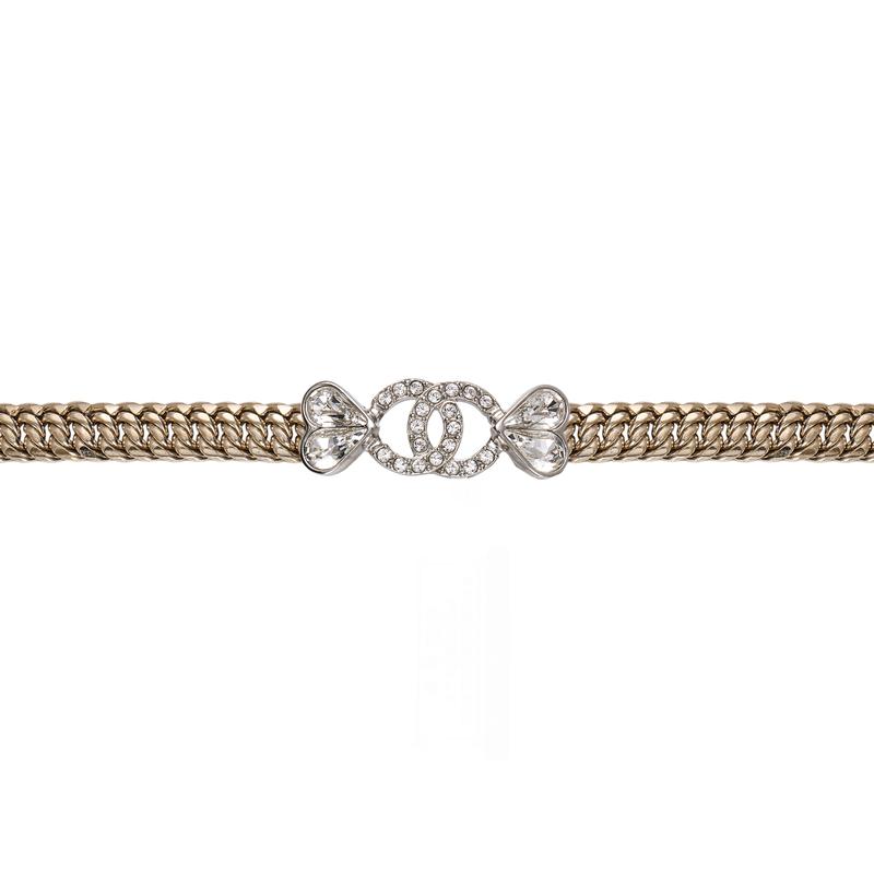 CHANEL [23 Spring and Summer New Products] CHANEL23S Chain Double C Full Diamond Heart Bracelet Women's Champagne Gold