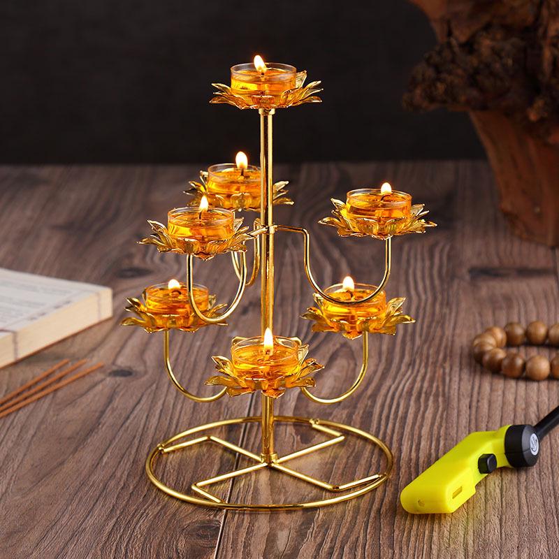 Buddhist Ghee Lamp Holder - Seven Stars Oil Lamp with Lotus Design for Temple Offerings and Everlasting Candle Display.