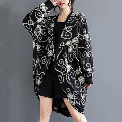 Jacquard Plus Size Black Vintage Casual Loose Long Autumn Spring Trench Coat for Women Clothes Outerwear