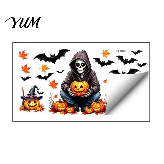 Safe Adhesive Autumn Scenery for Nursery Cute Halloween Wall Decals, Black Cat Witch Bat Pumpkin Stickers, Fall Removable Layered Three Dimensional