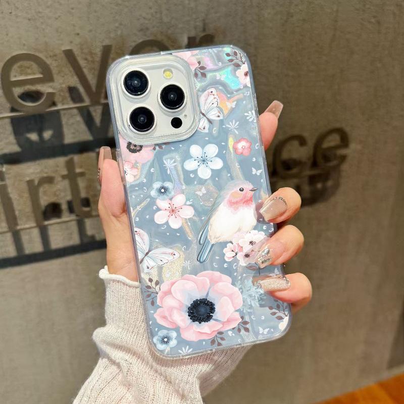 Floral Print Slim Glitter Phone Case For iPhone 16 Pro Max 15 14 Pro 13 12 11 Feather Sparkling Shockproof Clear Soft Edge Hard PC Back Cover
