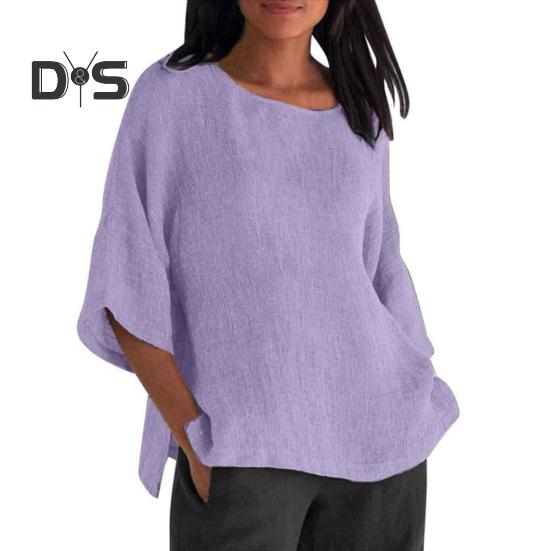 Women Shirt 3/4 Sleeve Casual Crew Neck Solid Color Pullover Tops Loose Fit Vacation Blouse Daily Wear