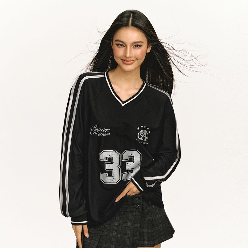 

Ariseism September 5 19:50 New Arrival New Jersey Style V Neck Long Sleeves T-shirt Female Autumn New Arrival Black XS