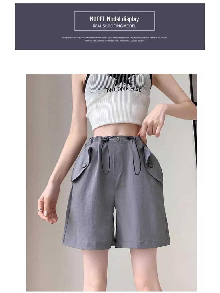 Women's Retro Multi-Pocket Cargo Shorts - Trendy Wide-Leg, Casual Mid-Length Design