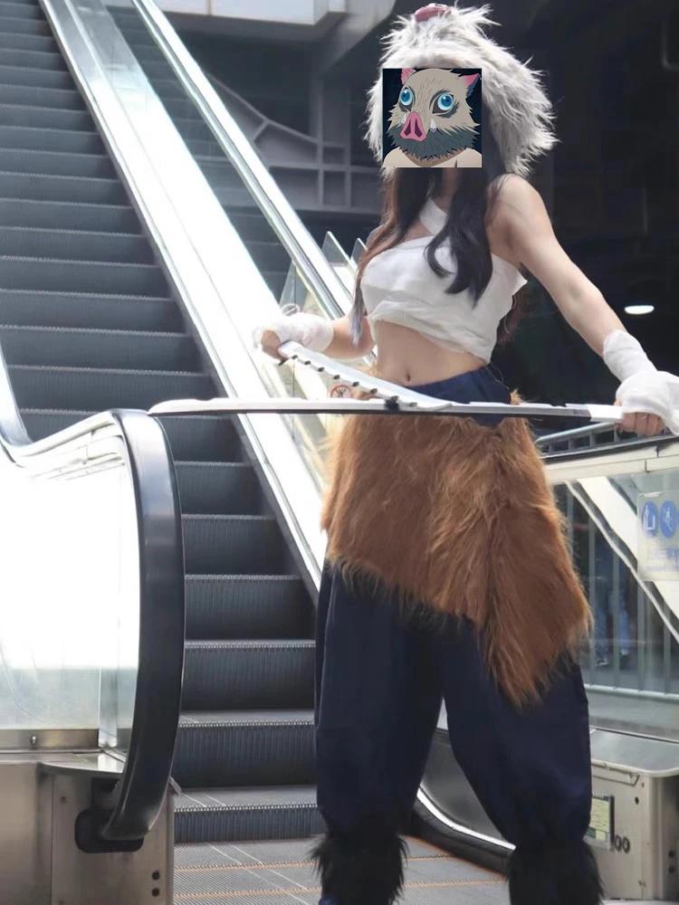 Costumi di Halloween per Donna Anime Demone Hashibira Inosuke Cosplay Maschera di Maiale Pantaloni con Bende Kimetsu no Yaiba Parrucca Completo