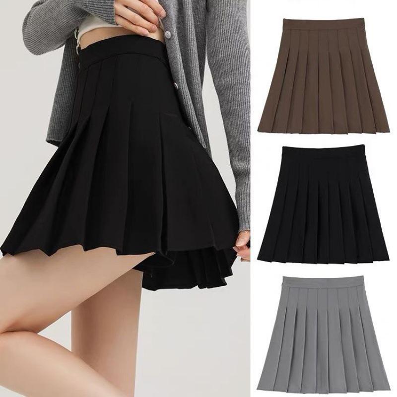 New 2024 Women's High Waist Black Pleated A-line Skirt - Short, Slimming, Summer to Autumn Style