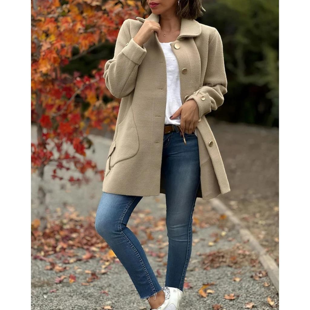 2025 Autumn Winter New Women's Lapel Solid Color Casual Bowknot Wool Blend Coat for Europe America