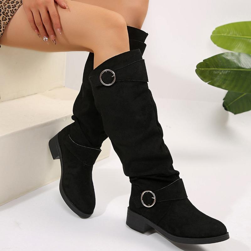 New Large-sized Belt-buckle Boots for Women with Pleated Shoes, Low Heels and High Heels