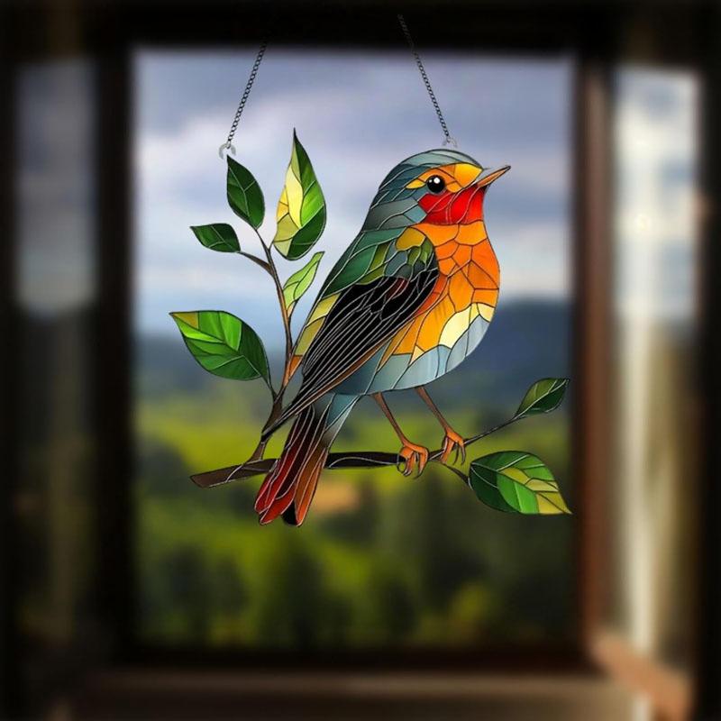 Robin Suncatcher for Windows & Garden,2D Stained Glass Effect Hanging Ornament,20x20cm Outdoor Heart Shape Decoration