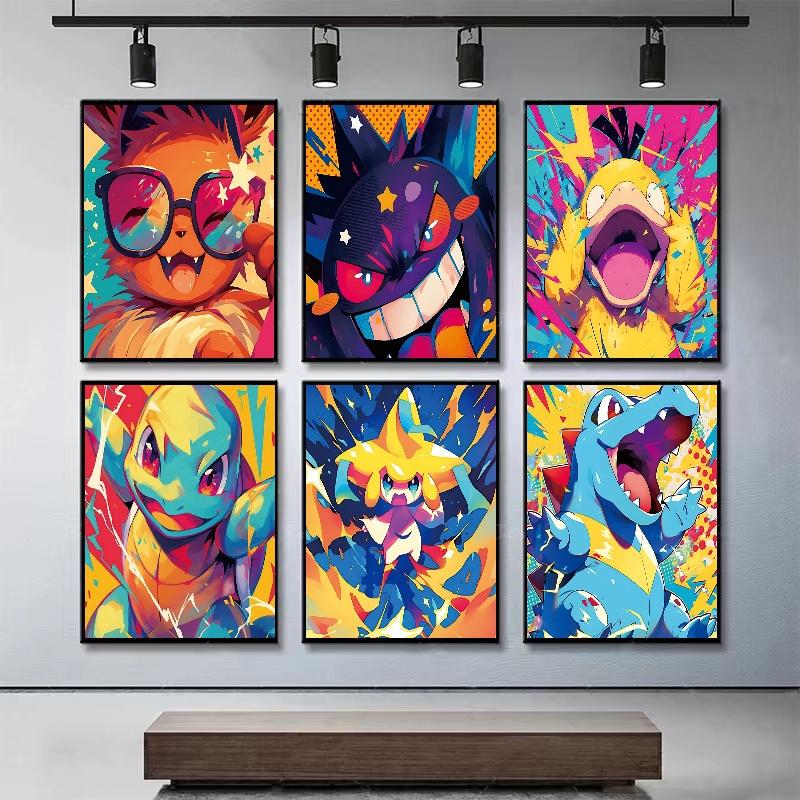 Pokemon Home Decoration Canvas Painting HD Anime Colorful Poster Figure Squirtle Gengar Pikachu Charmander Wall Art Picture Gift