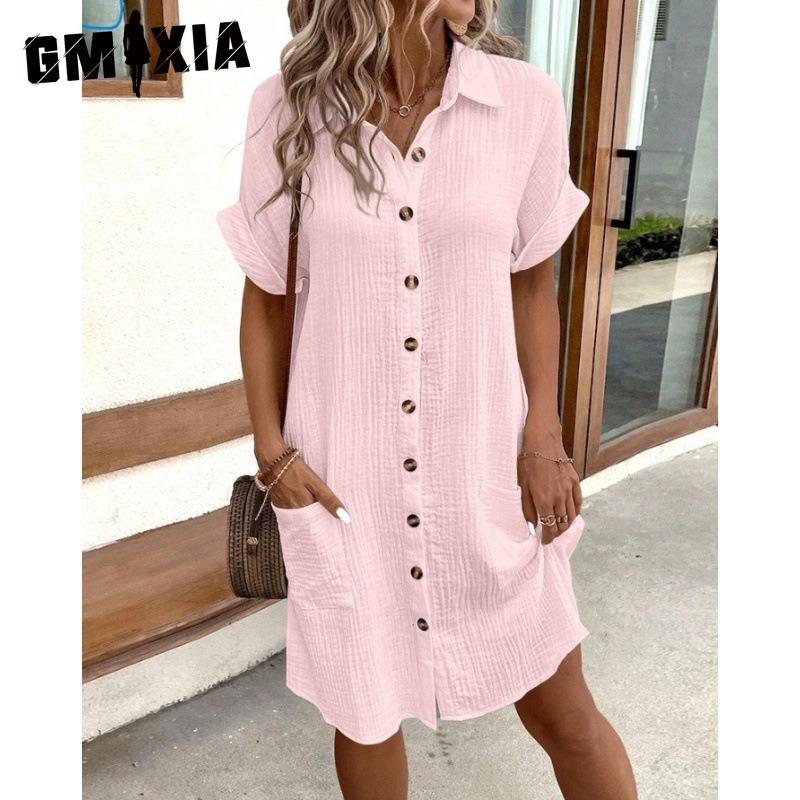 

GMXIA Женские модные летние весенние однотонные повседневные платья с короткими рукавами и воротником-поло с принтом XXXXL розовый