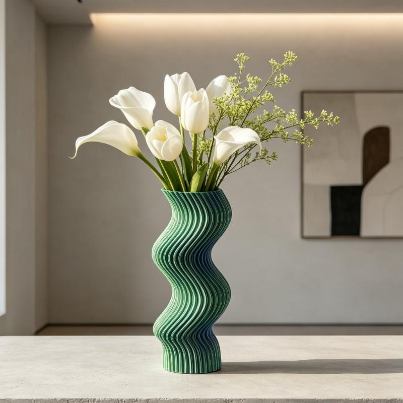3D Printed Vases for Floral Display, Sculptural Wavy Striped Plastic Decors Decorative Flower Holder for Desk, Shelf, Entryway Styling