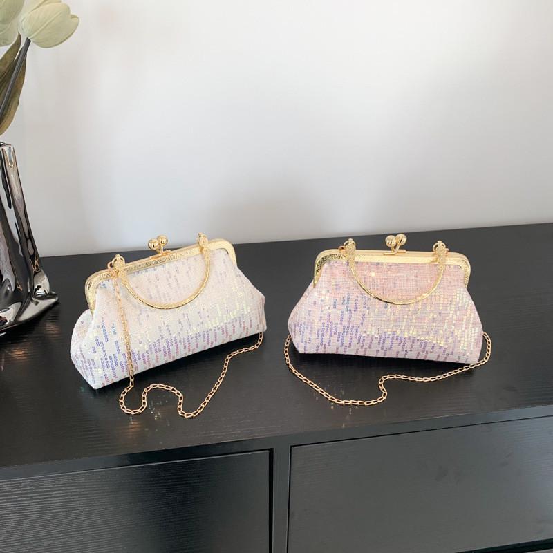 Stylish 2023 Spring New Korean Vintage Sequin Evening Handbag In Pink Purple White