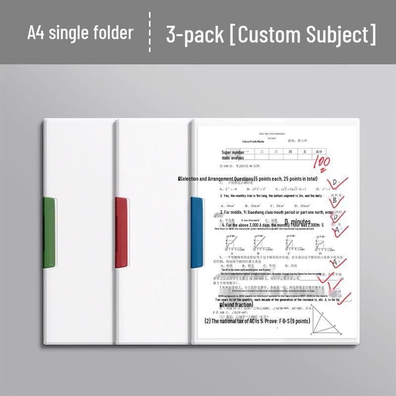 A3/A4 Double Rod Rotating Folder with Transparent Insert Sheets for Students A4 Single Clip Set of 3 + Subject Labels