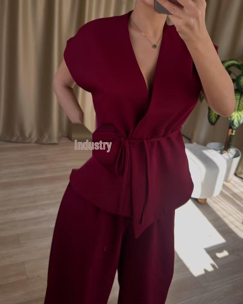 Dámský letní retro kardiganový top a kalhoty se širokými nohavicemi, sada 2025