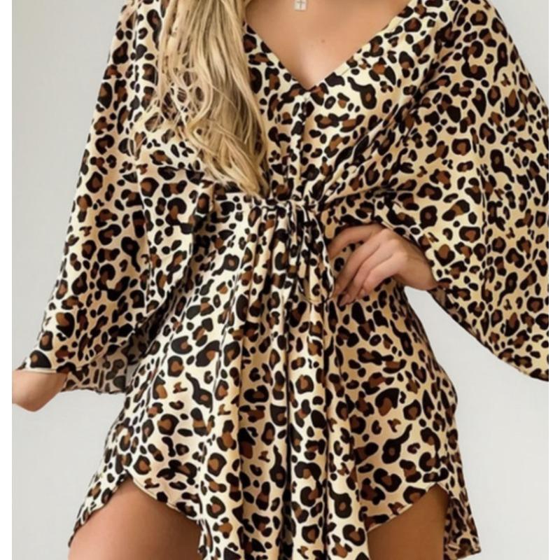 

women s Tropical Print V Neck Batwing Sleeve Tie Waist Irregular Hem Casual Mini Dress Beach Cover Up 3XL леопард друку кольору