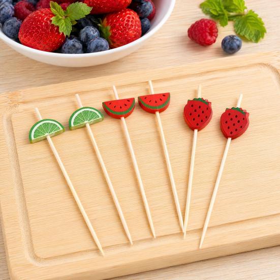 100PCS Disposable Fruit Tags, with Cartoon Fruit Decor Cocktail Picks, Durable Bamboo Skewers, for Fruits Barbecue Cocktails Cakes