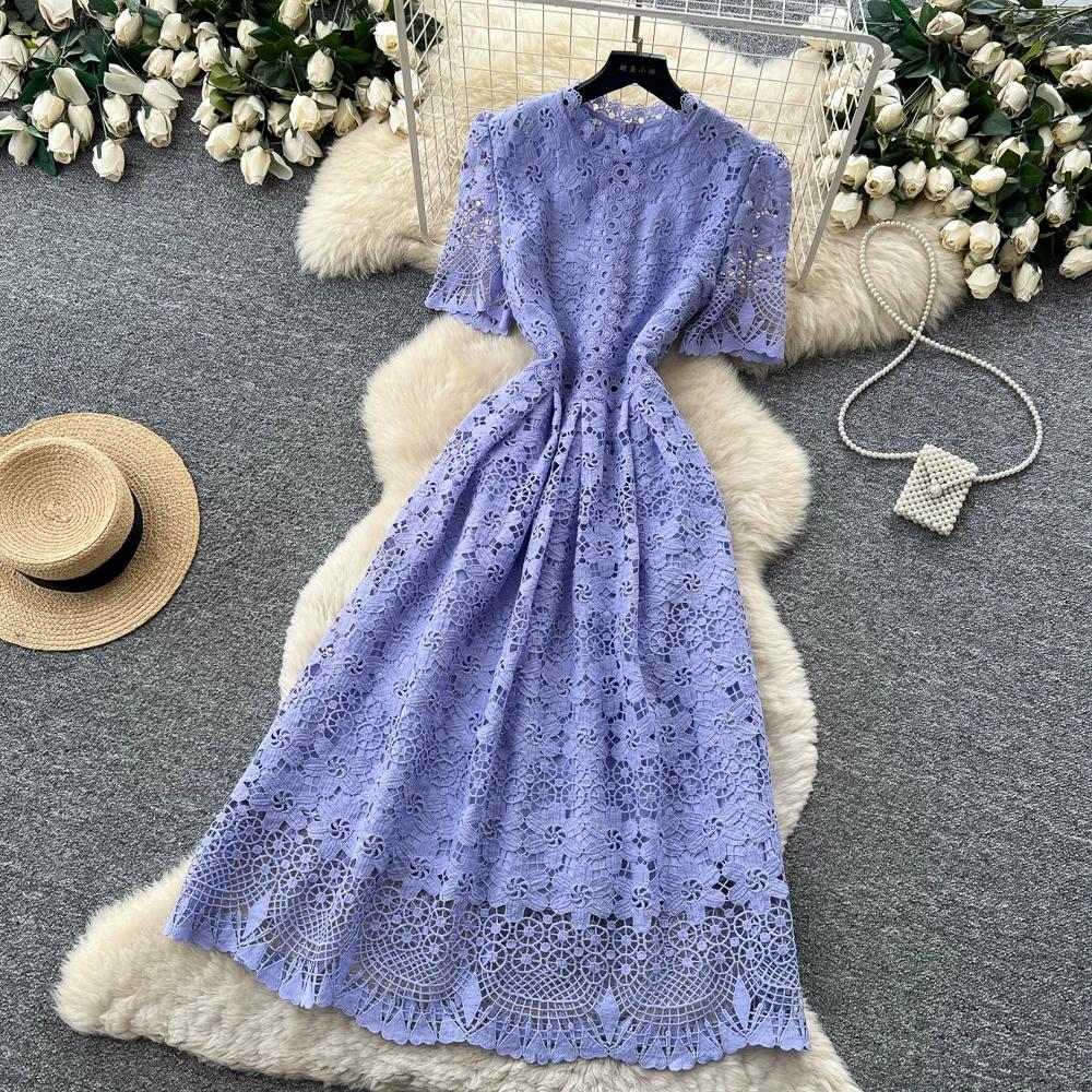 Abito Midi Elegante da Donna con Ricami in Pizzo, Manica Corta, Vita Alta, Linea ad A, Estivo, Casual, da Festa, per Matrimonio, da Vacanza, da Spiaggia