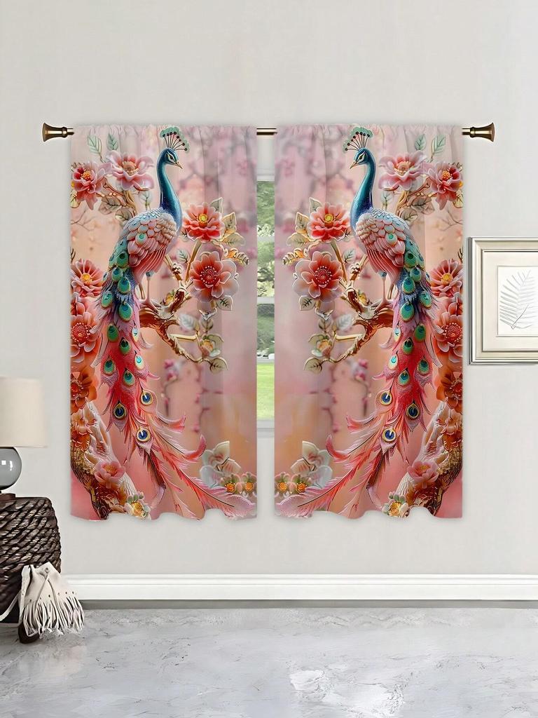 2pcs Vintage Blue Golden Peacock Animal Print Window Curtains,Refer To Bedroom Office Kitchen Living Room Study Home Decor