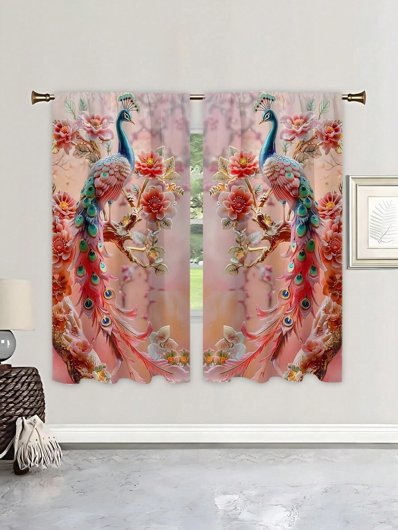 

2 шт. Винтажные синие золотистые занавески с принтом животных в виде павлина, для спальни, офиса, кухни, гостиной, кабинета, домашнего декора W50xH130(CM)x2pcs&Rod Pocket