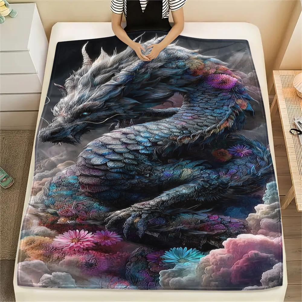 1Pc Fantasy Dragon Print Flannel Blanket, High Quality Comfortable for All Seasons, Home Decor, Warmth and Comfort, Perfect for Gifts