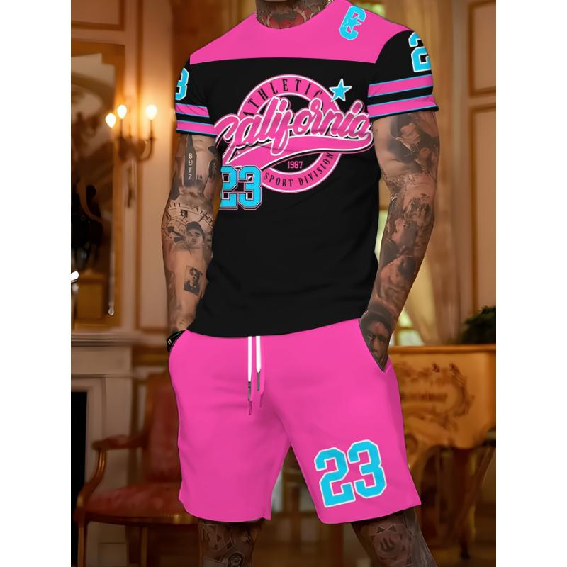 

California 1987 Print Short-Sleeve T-Shirt + Casual Shorts Men s Trendy 2pcs Set, American Sporty Style XL