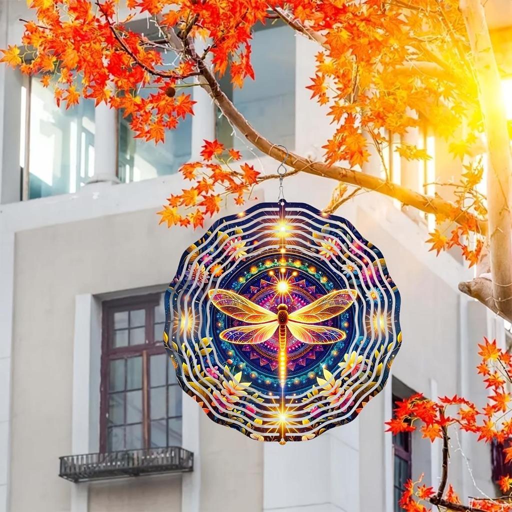 Bohemian Mandala Dragonfly Wind Spinner - 2D Stainless Steel Garden Art, Handcrafted Floral Metal