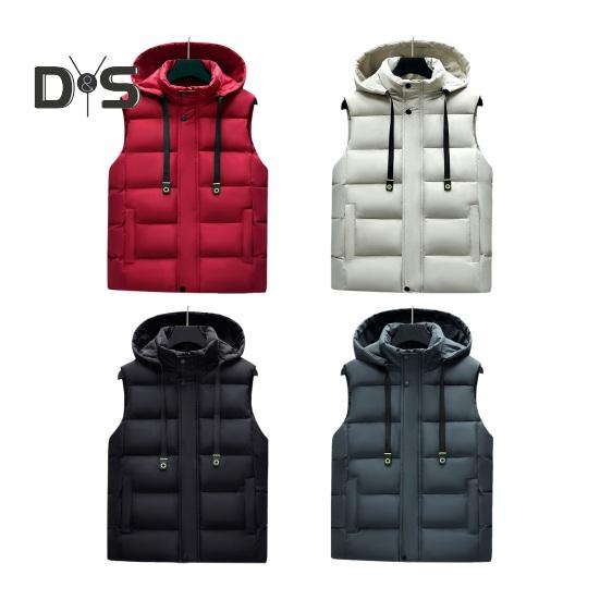 Men Waistcoat Stand Collar Hooded Sleeveless Zipper Placket Down Cotton Vest with Pockets Solid Color Thickened Vest Jacket