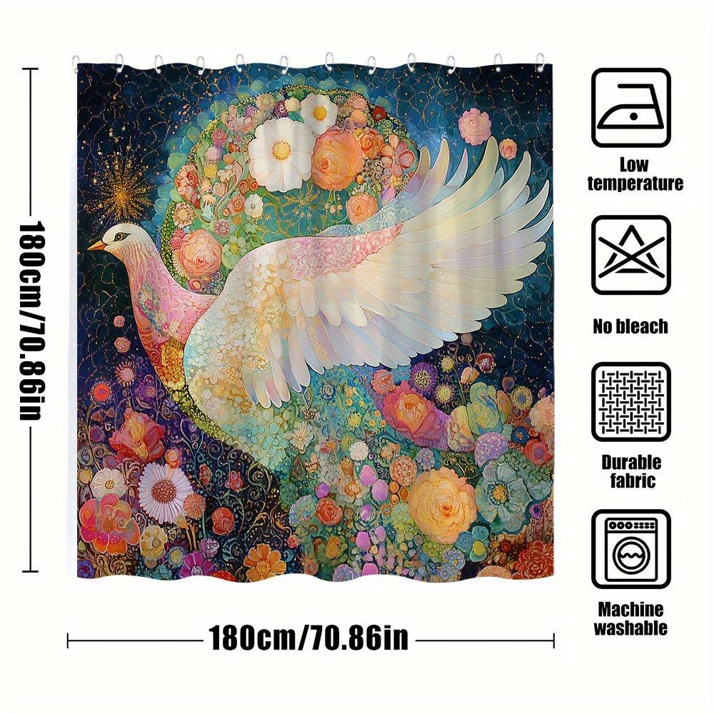 1pc Floral Dove Shower Curtain - Majestic White & Pink Dove with Intricate Flower Patterns, Lush Colorful Garden Art Nouveau