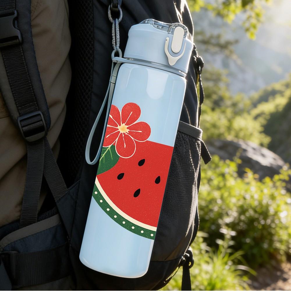 1PC Red Flower Watermelon Art Print 750ml Color Plastic Sports Water Bottle Leakproof Flip Straw Lid Suitable for Sports Office Home Use
