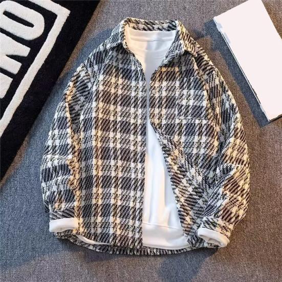 Pánská vlněná bunda klopa dlouhý rukáv kostkovaný vzor jednoradové zapínání kabát s náprsní kapsou volný střih bunda kabát