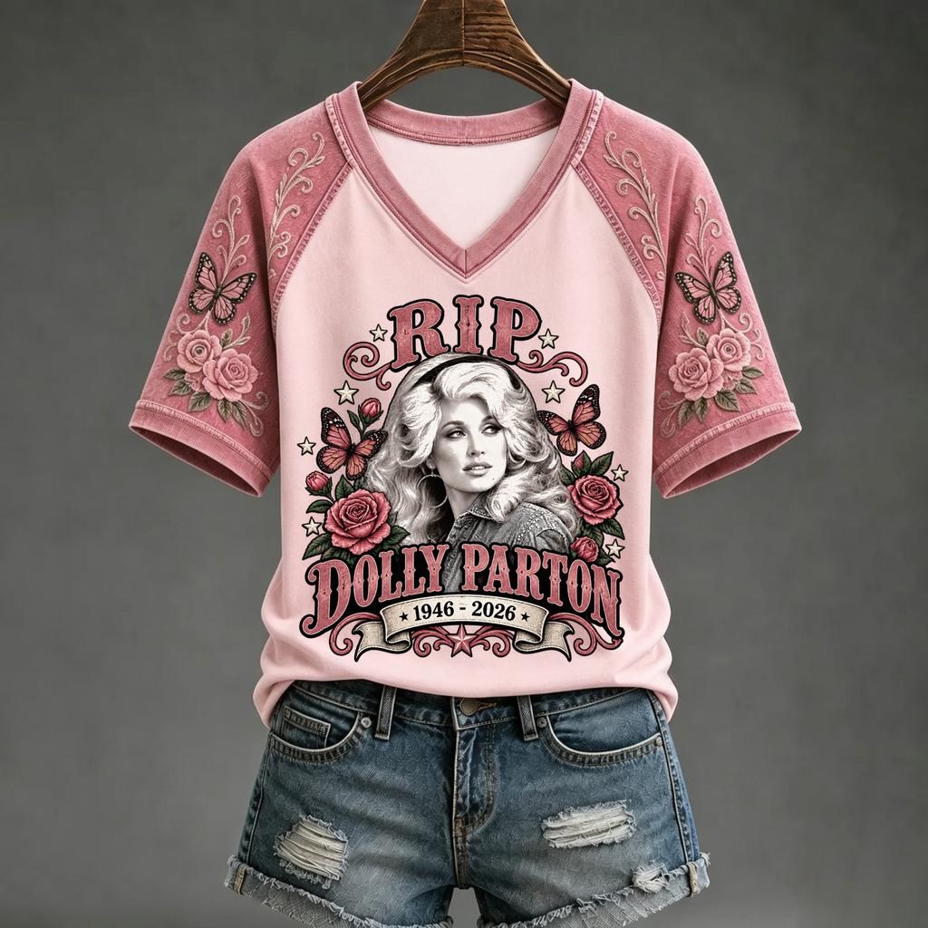 Women's V-Neck Short Sleeve Raglan Printed Top Casual Blouse