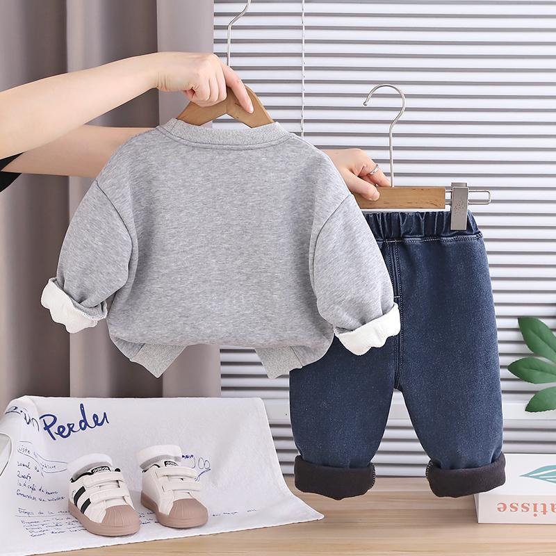 Boys' Long Sleeved Two-piece Set, 0-5-year-old Children's Printed Fleece Hoodie+casual Denim Pants Set