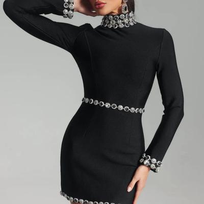 Retro Black High-Neck Diamond Bandage Dress - Women's Long-Sleeve Short Style