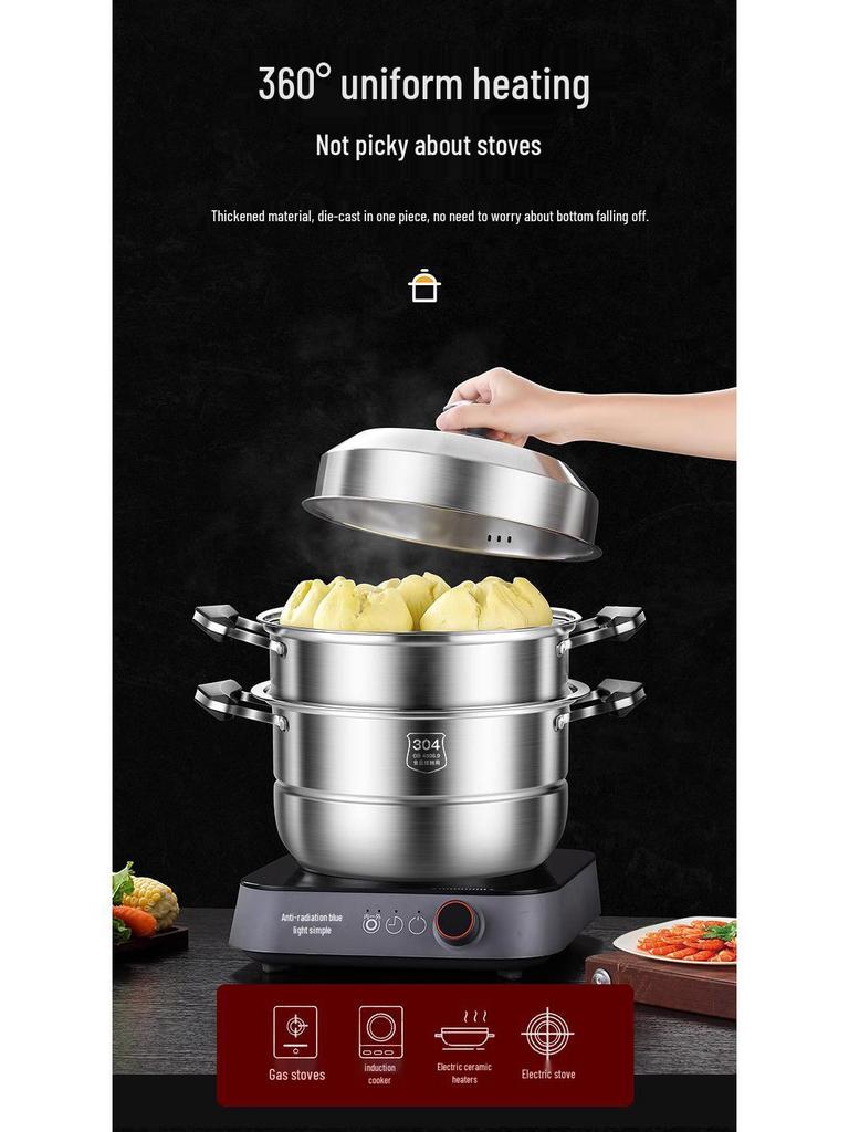Large 304 Stainless Steel Three-Layer Household Steamer for Induction and Gas Stoves