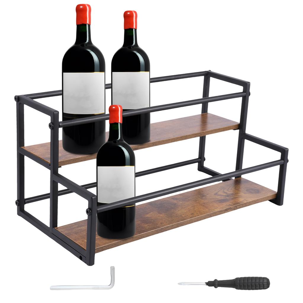 2 Tiers Coffee Syrup Bottle Stand Wine Rack Wood Vintage Kitchen Living Room Bar Syrup Wine Display Shelf