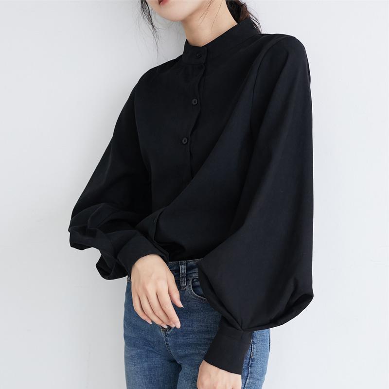 Vintage Stand Collar Loose Lantern Sleeve Shirt for Women Fashion Autumn New Solid Elegant Casual Women's Blouse Button Up Fashion Lady Blouses 25341